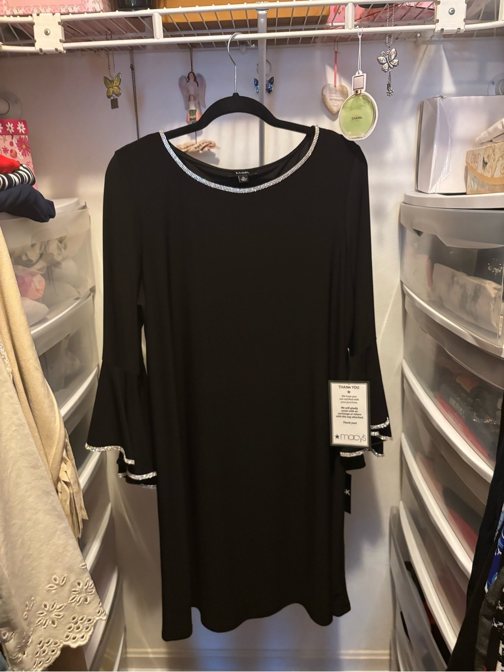Macy's Black Long-Sleeve Bell-Sleeve Dress with Rhinestone Trim